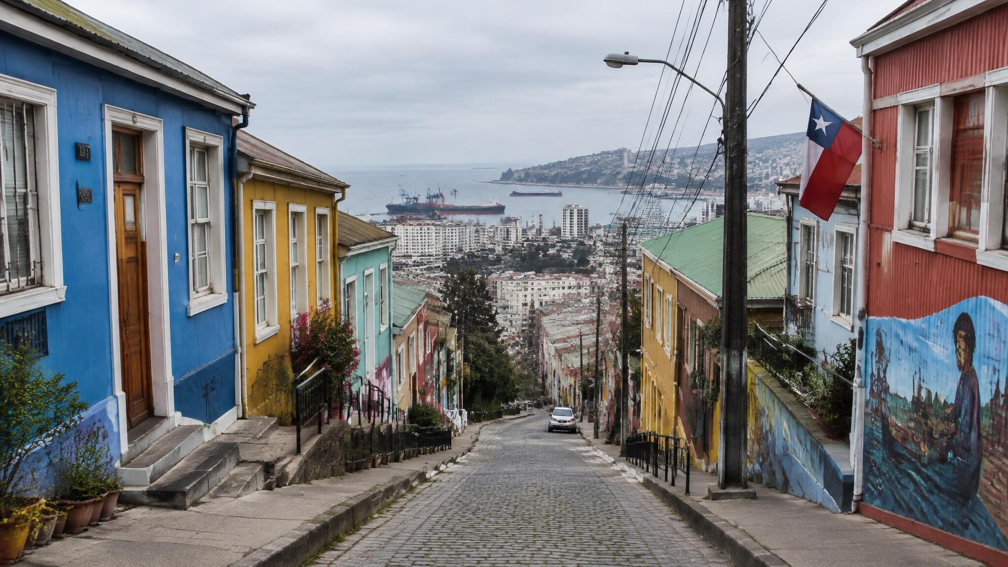 Colorful hillside street with houses in a South American city